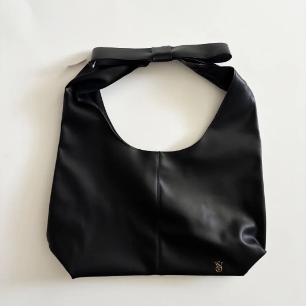 Victoria's Secret Black Bow Tote Bag Purse Faux Leather Nwt